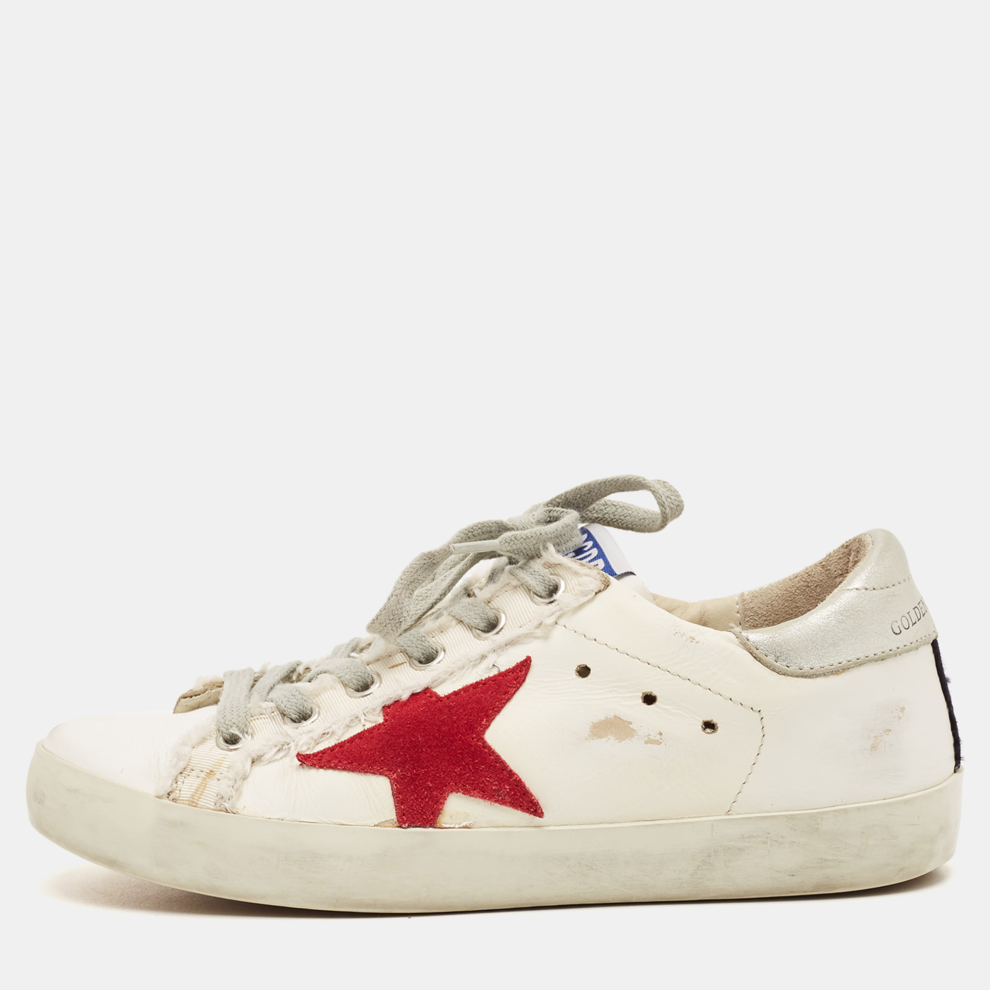 Golden Goose Super Star 35 White/Silver Fabric and Leather Low Top Sneaker