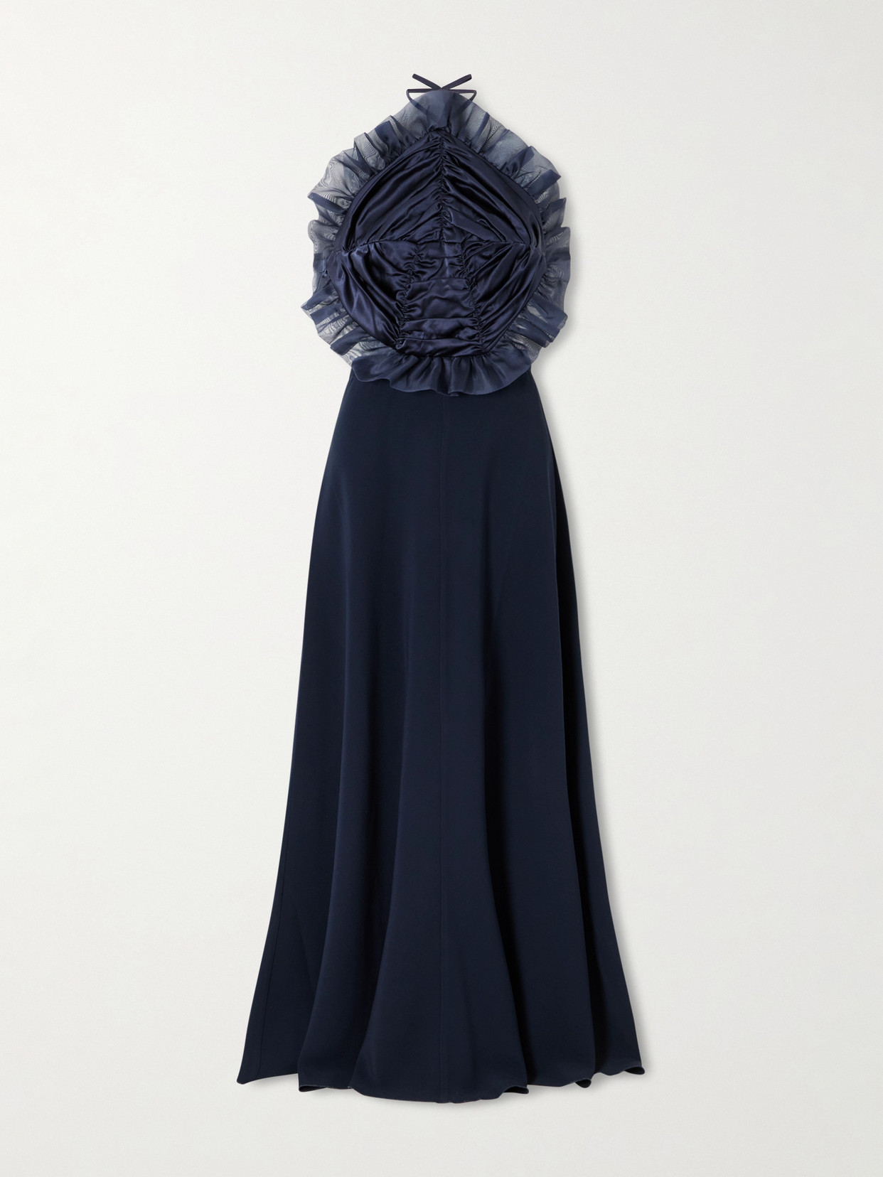 Open-back Ruched Ruffled Organza-trimmed Silk-satin Halterneck Gown - Blue
