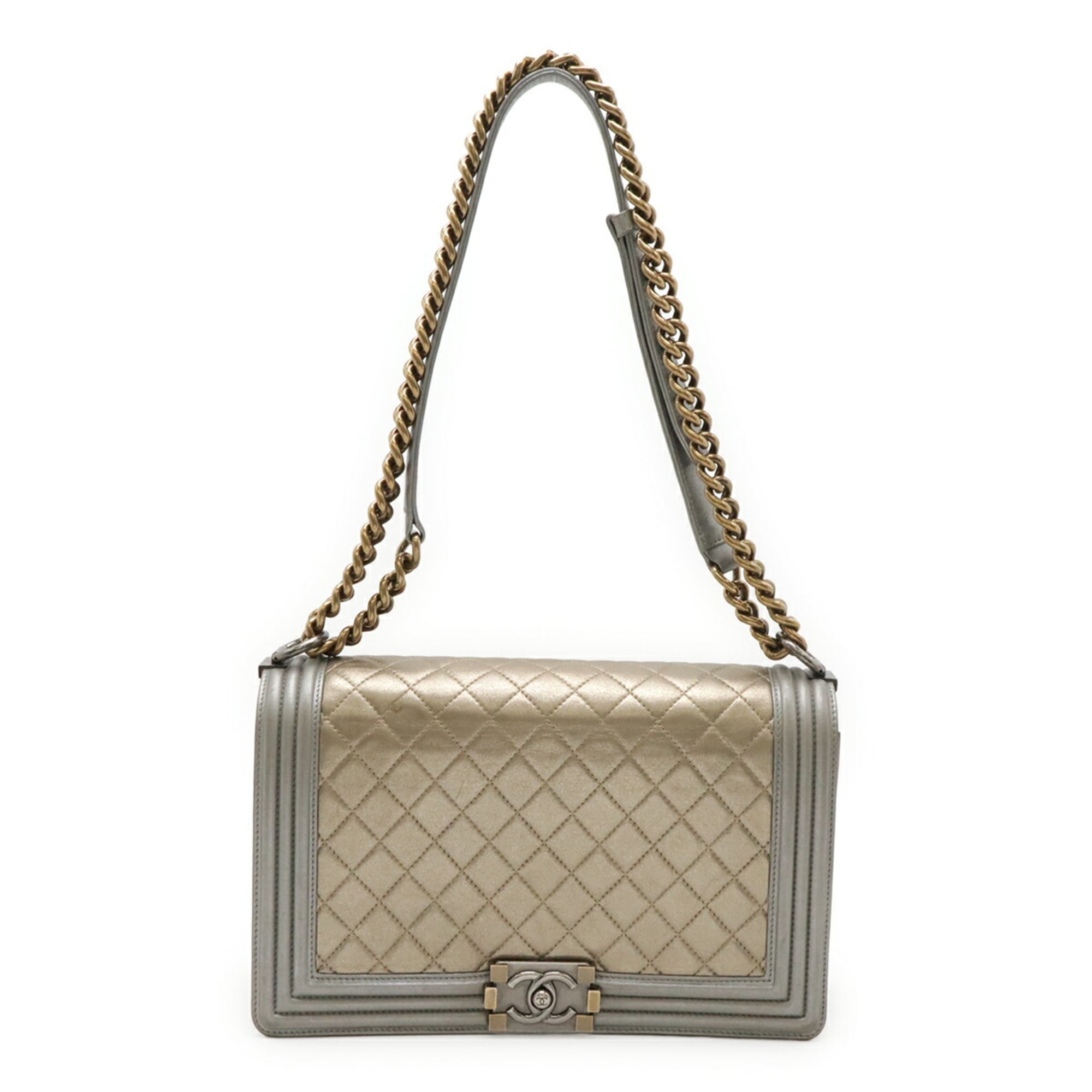 Chanel Matelasse Gold Gray Leather Shoulder Bag Pre-Owned