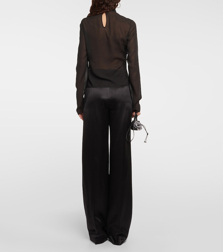 Floral-appliqué sheer silk blouse