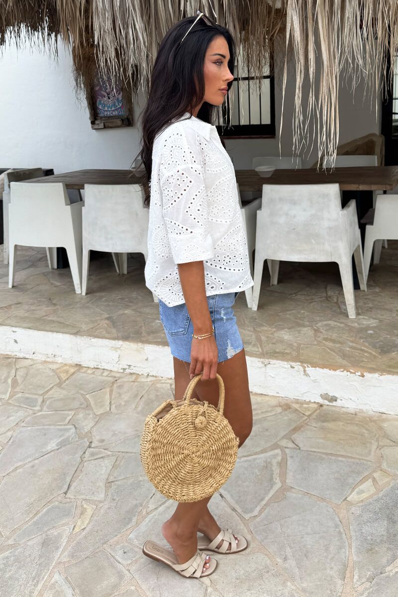 AX Paris Women's White Broderie Short Sleeve Boxy Shirt