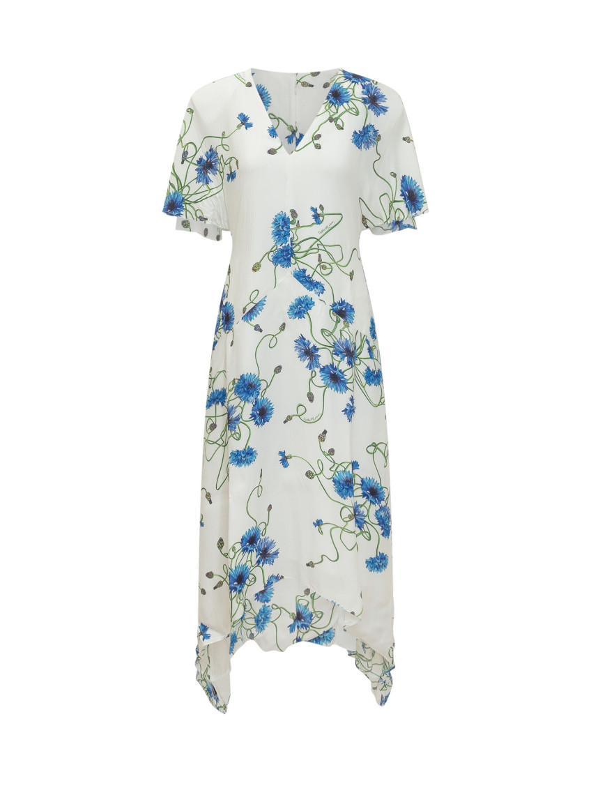 White Floral V Neck Midi Dress