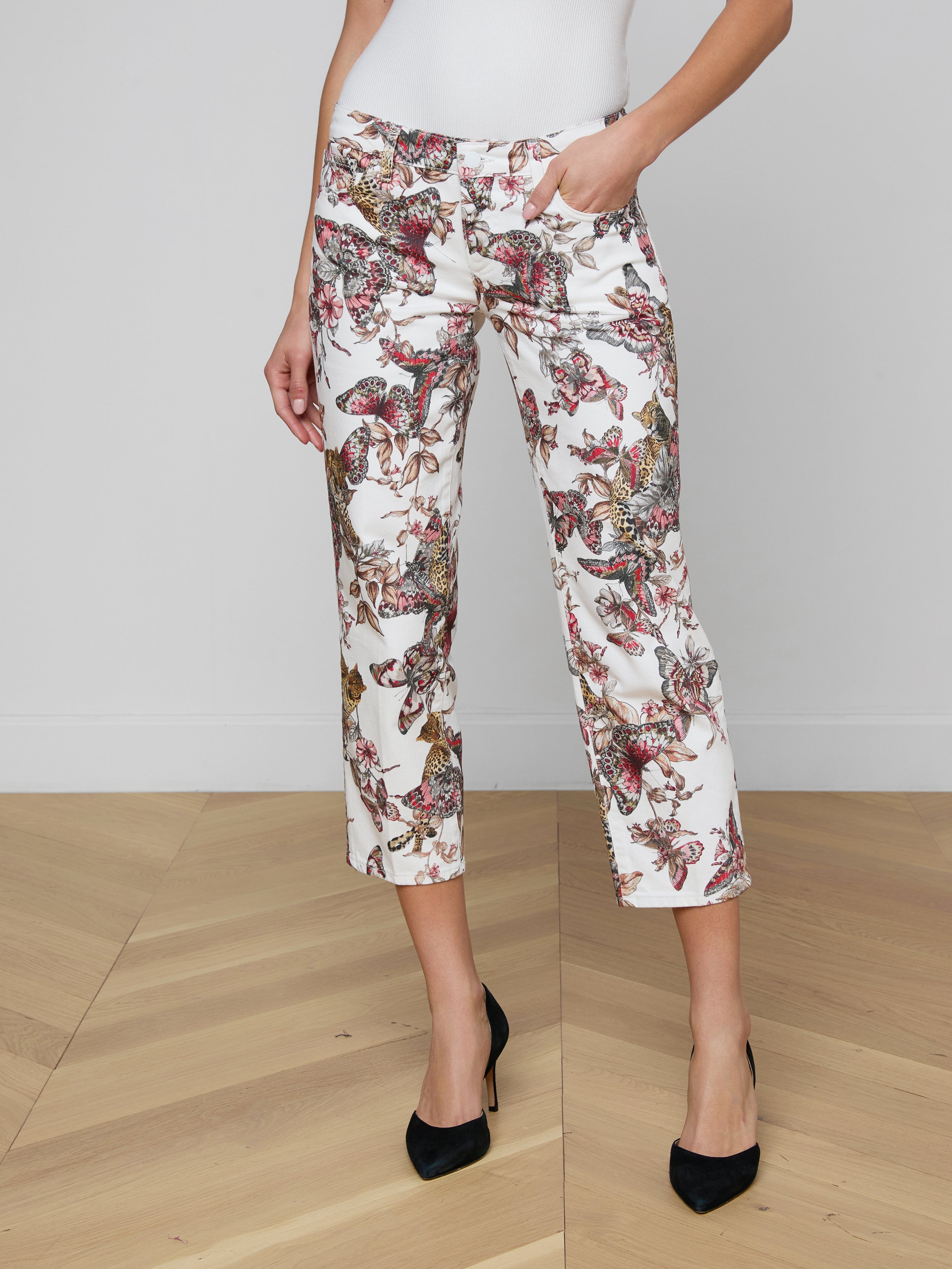 Blaine Cropped Stovepipe Jean In White Multi Large Butterfly Jungle