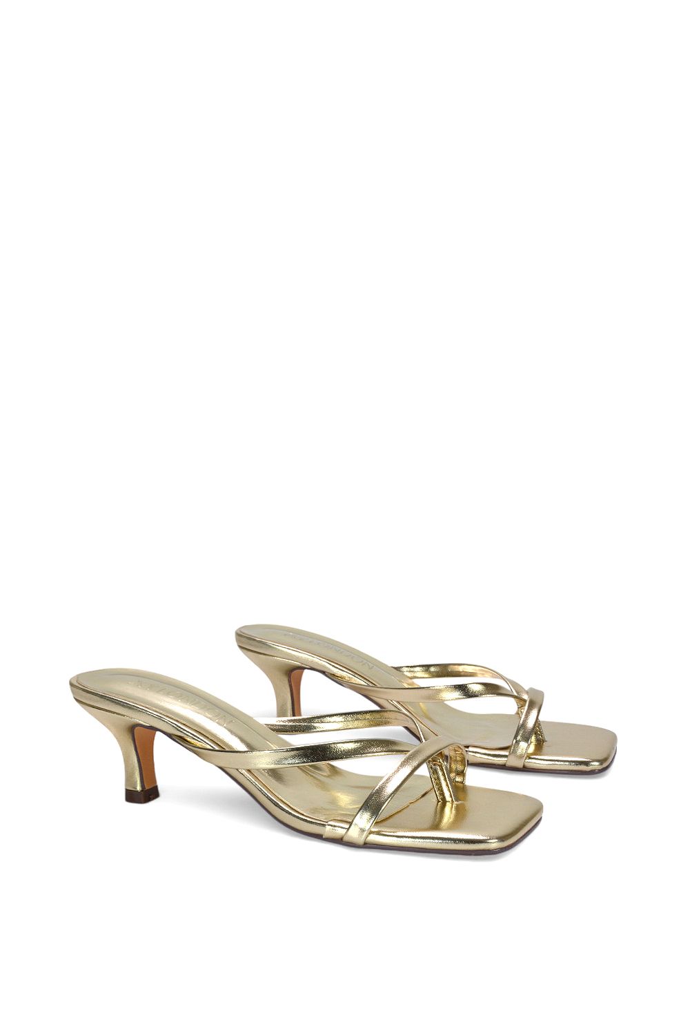 XY London Women's 'Tiana' Kitten Heel Sandal Mules w/ Toe Post in Metallic Gold