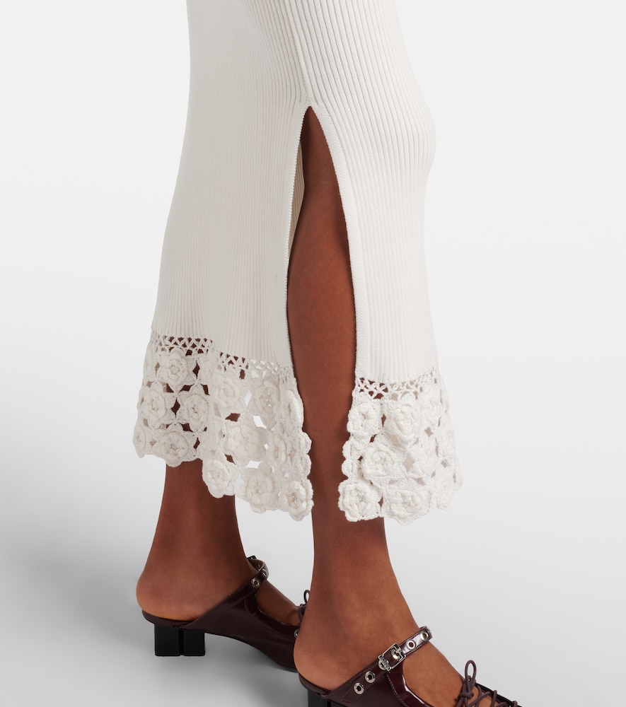 Crochet-trimmed ribbed cotton-blend midi dress