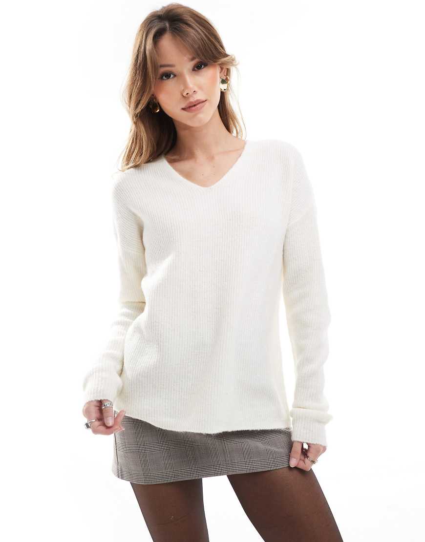 ONLY v neck slouchy sweater in cream-White