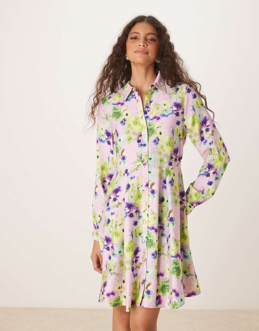 YAS flippy hem mini shirt dress in pale lilac flower print-Multi