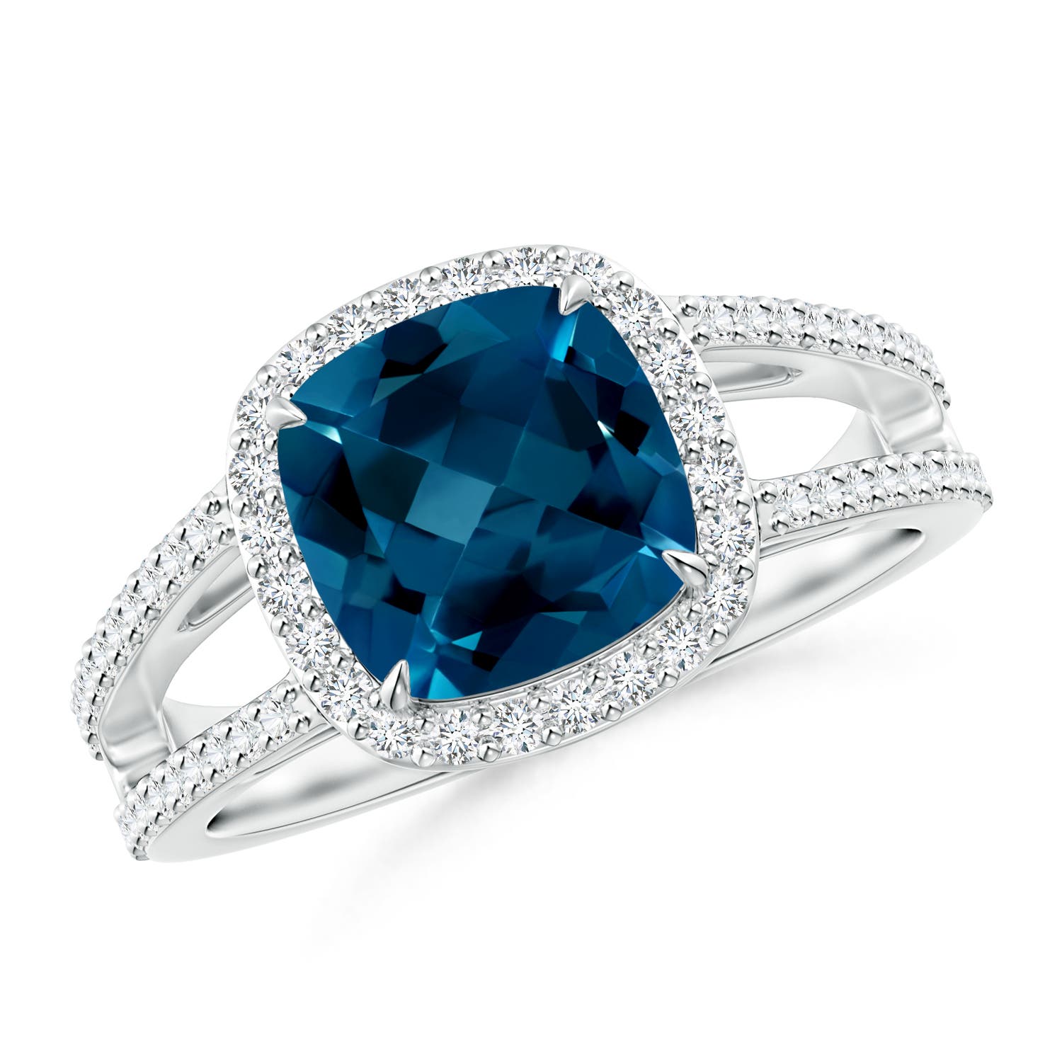 Angara 2.5 Carats Cushion London Blue Topaz Split Shank Ring with Diamond Halo in Platinum