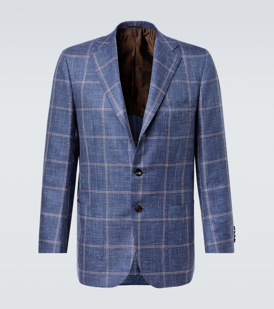 Checked cashmere, wool, silk, and linen blazer