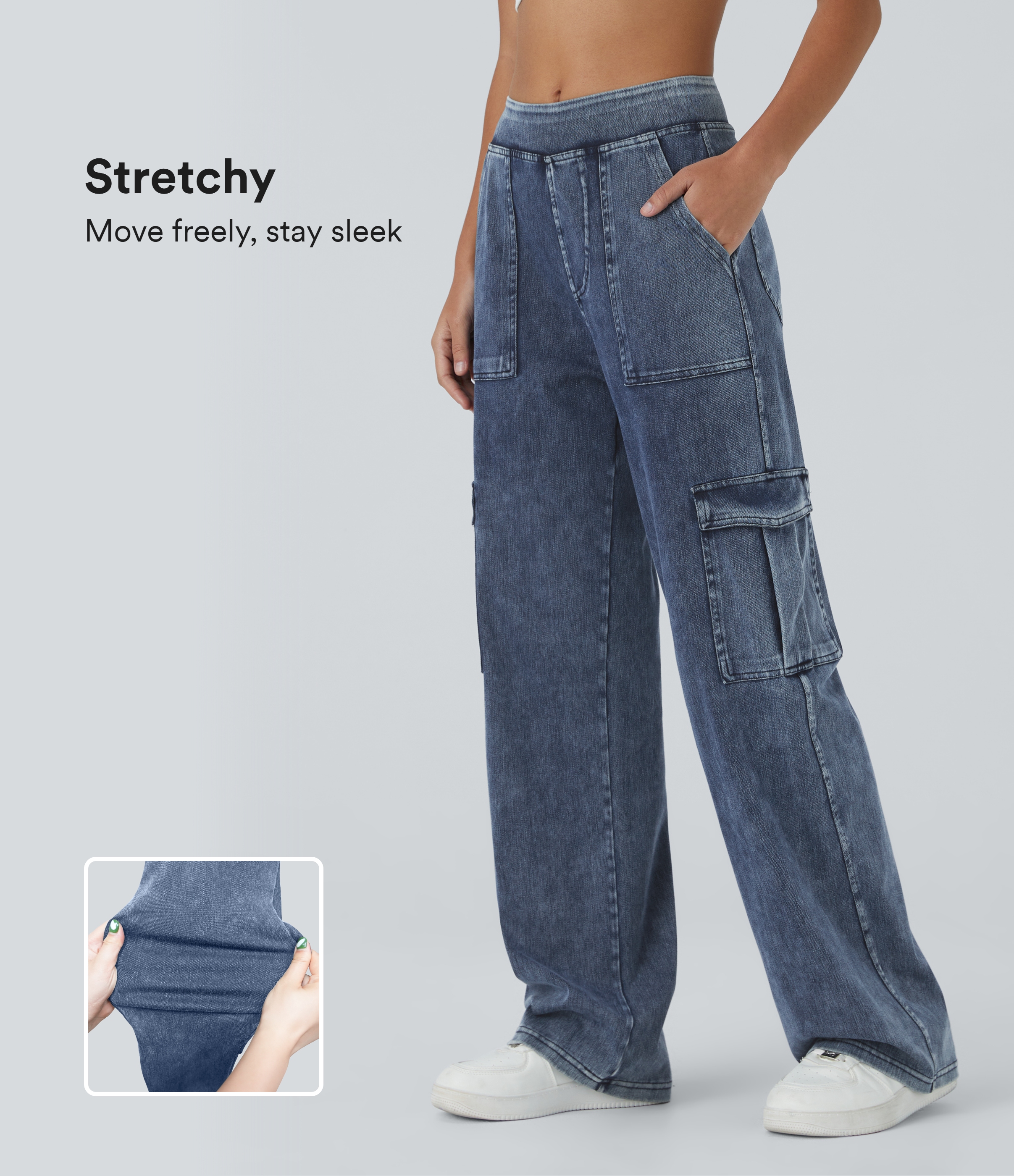 Halara Halara Flex™ Mid Rise Pockets Straight Leg Casual Cargo Jeans - Washed Denim Bleached Blue - XLta