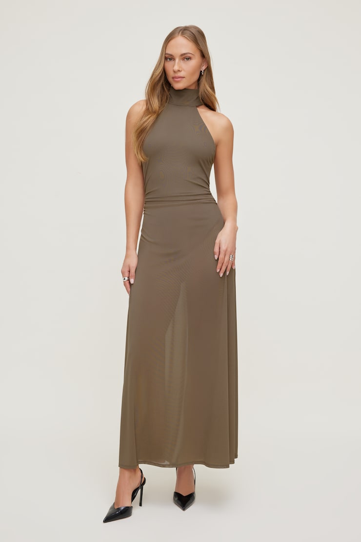 Sheer Mesh Halter Maxi Dress - Brown - Women Clothing