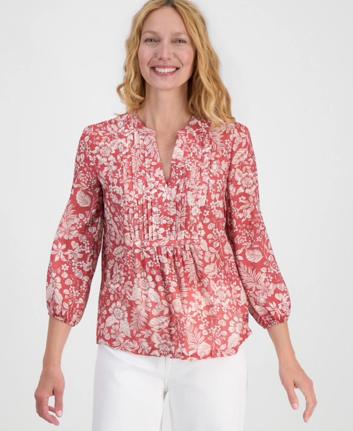 Women's Floral Pintuck Blouse - Mineral Red Multi