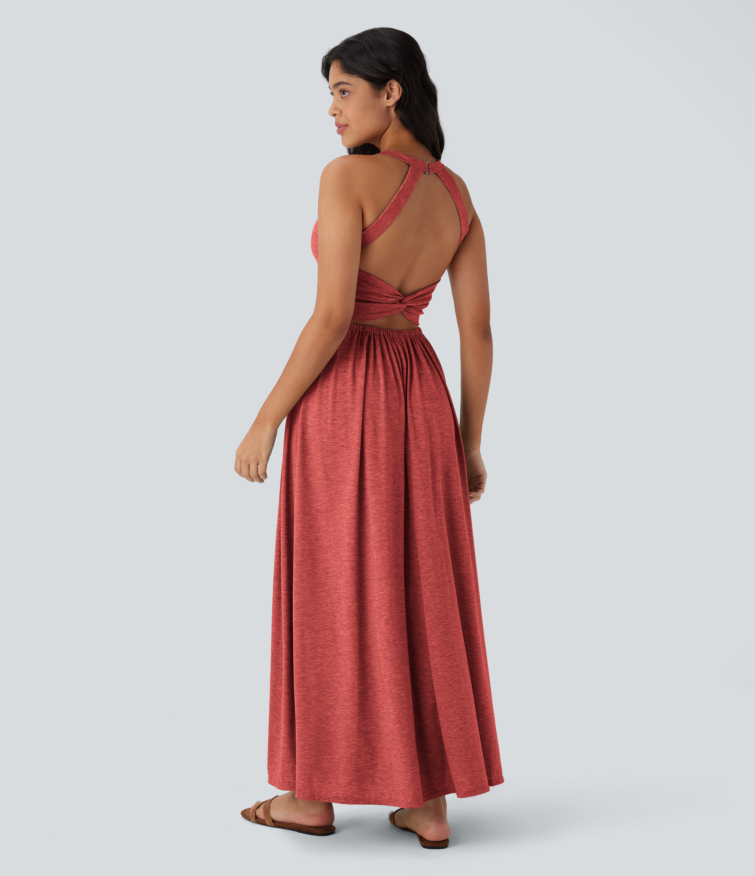 Twisted Backless Split Flowy Maxi Resort Dress with Pockets Casual Dress - Poinsettia Floral Yarn