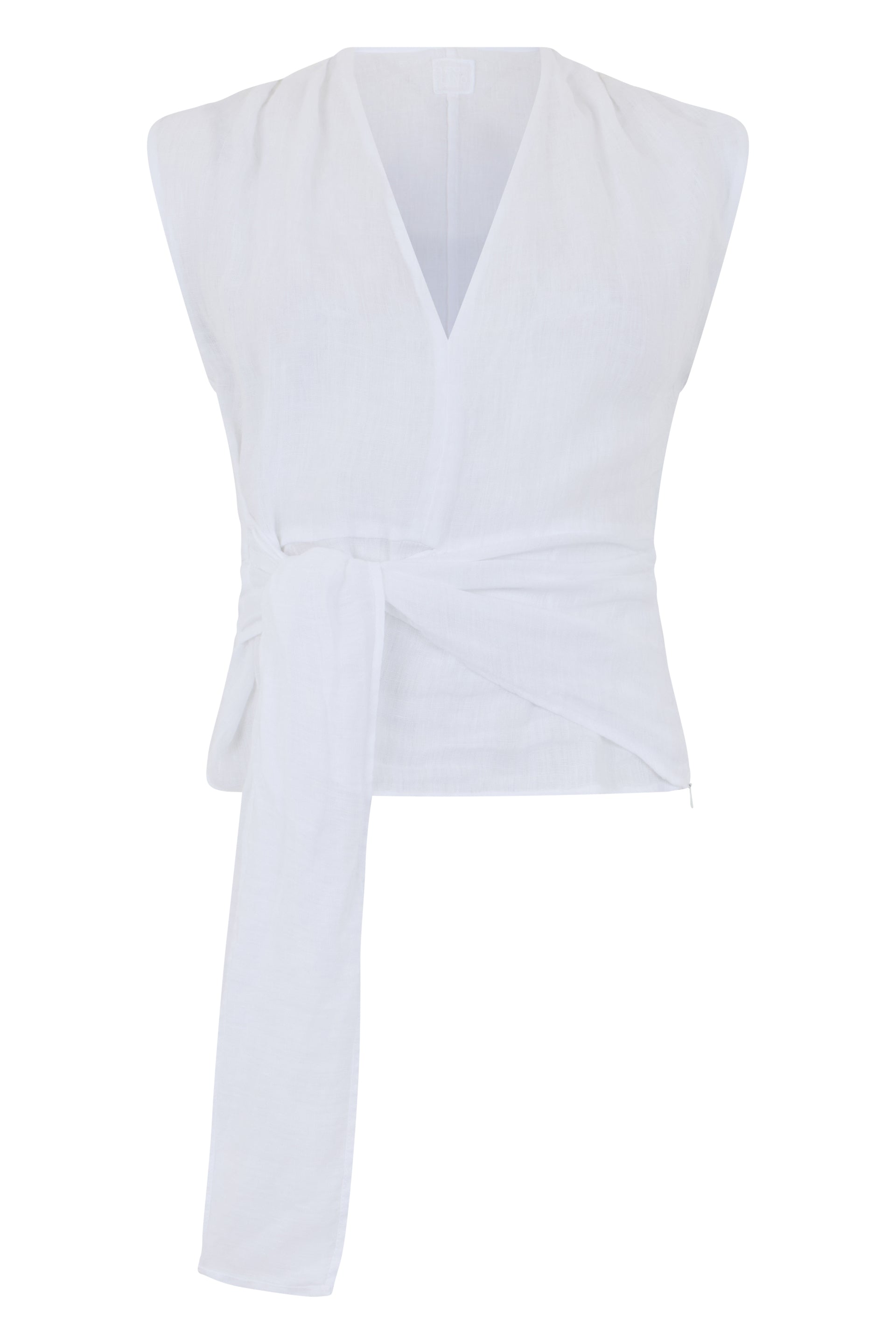 Linen Sleeveless Blouse with V-Neck and Knot Tie Belt