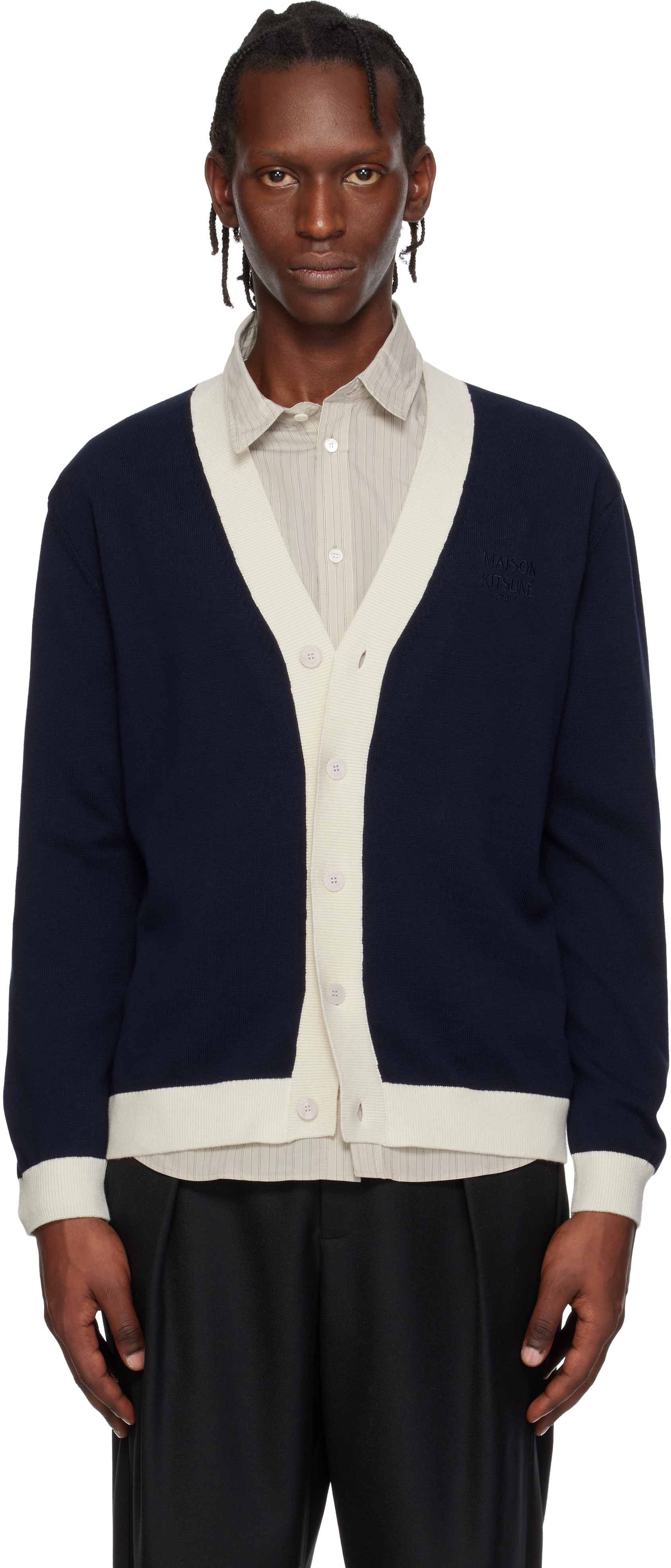 Navy Contrasted Cotton Comfort Cardigan