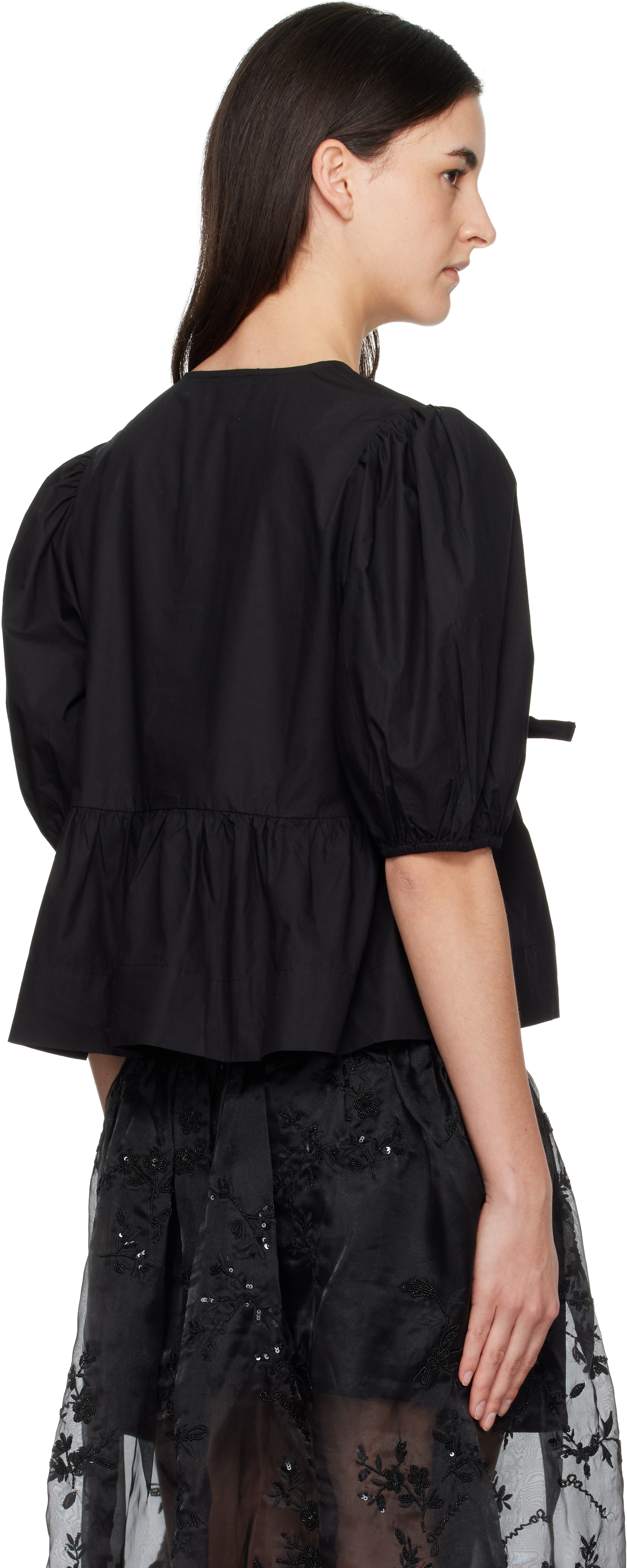 Black Cotton Poplin Peplum Tie Blouse