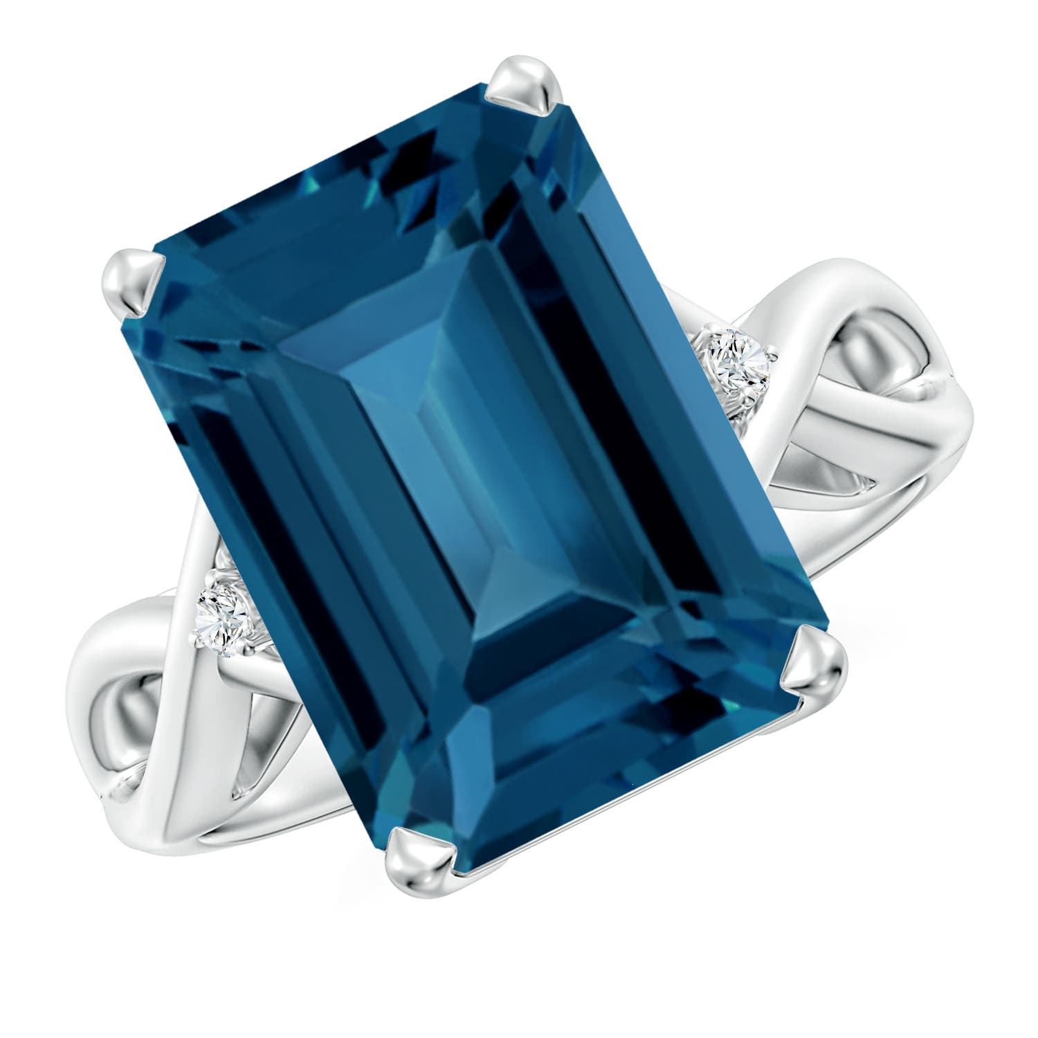 Angara 10.0 Carats Emerald Cut London Blue Topaz Twist Shank Statement Ring in Platinum