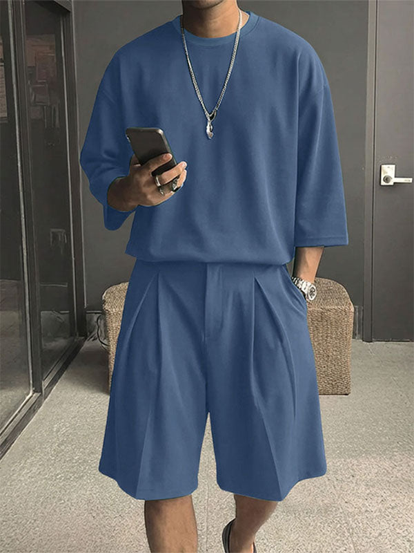 Men's Solid Color Crew Neck Two Pieces Outfit SKUL54069 - Blue / S
