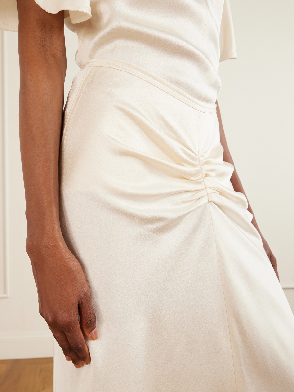 Bela Ruched Satin Midi Skirt - Neutrals
