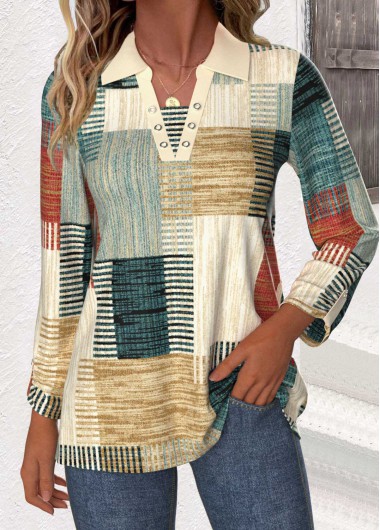 Modlily Multi Color Patchwork Geometric Print Long Sleeve Blouse