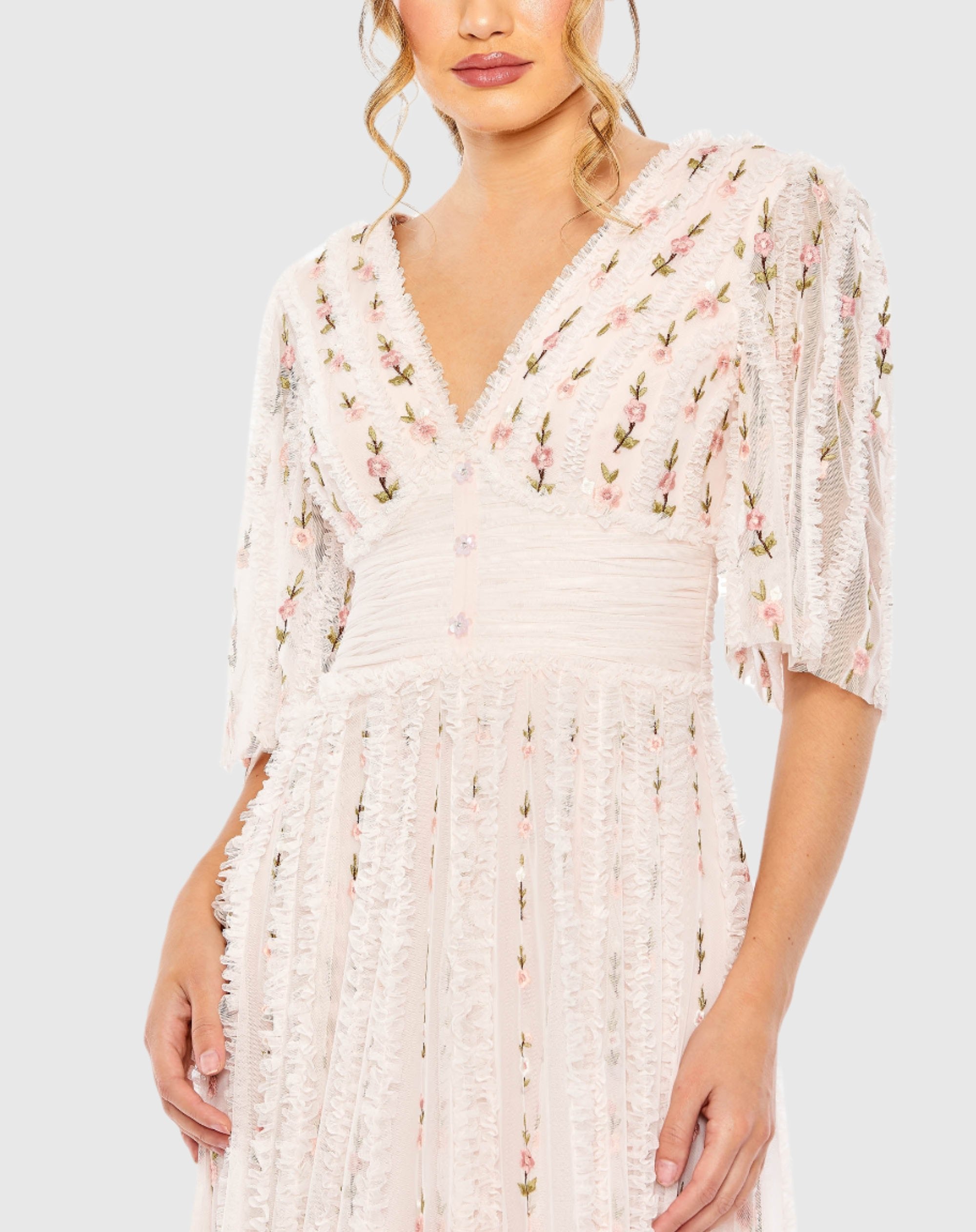 Floral V-Neck Ruffle Detail Empire Waist Wedding Guest Maxi Gown In Light Pink Multi