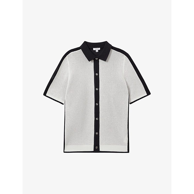 Mens Navy/optic Whit Misto Open-stitch Cotton-blend Shirt L