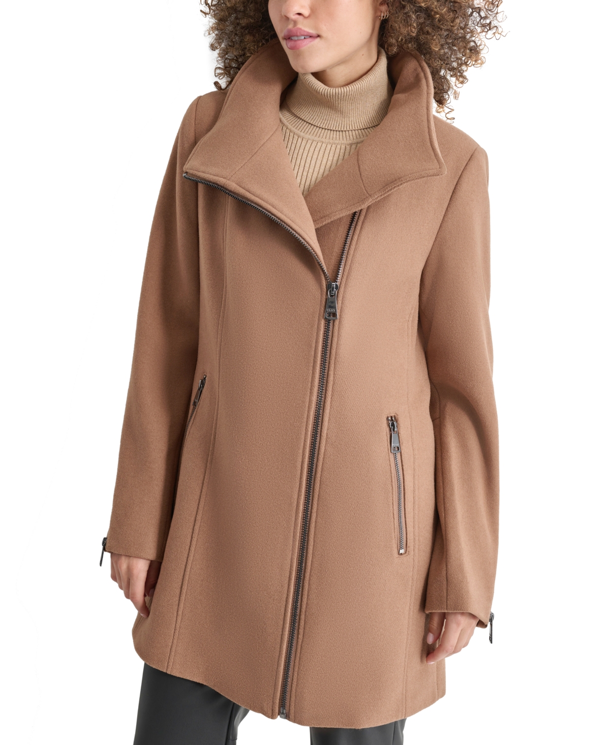 Womens Asymmetrical Zip Coat, Created for Macys - Dark Camel
