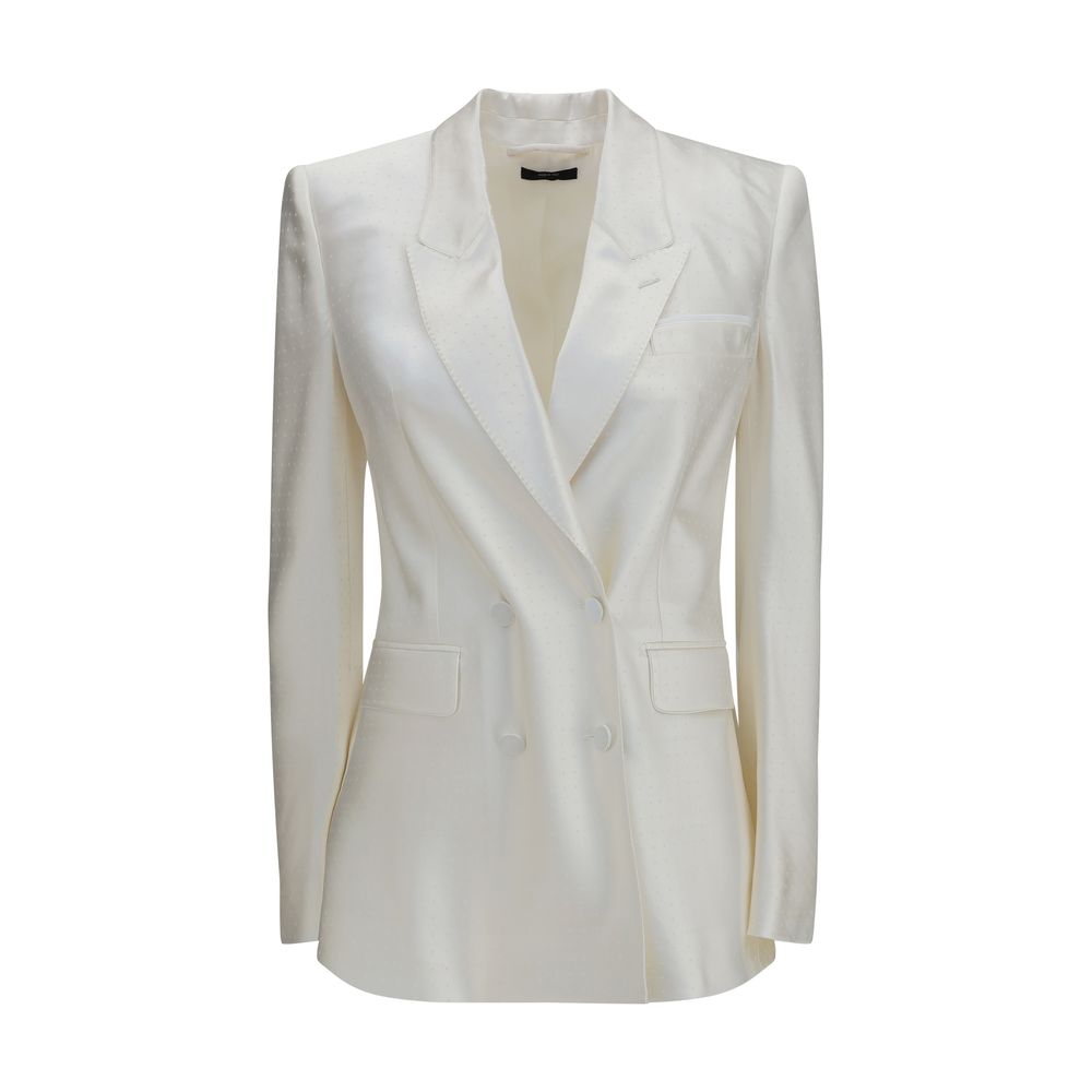 Polka-Dot Satin Double-Breasted Blazer — Beige