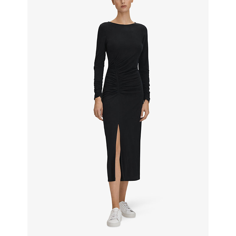 Womens Charcoal Lana Ruched-detail Long-sleeve Jersey Midi Dress