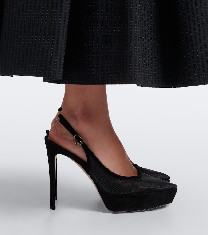 Suede-trimmed mesh platform slingback pumps