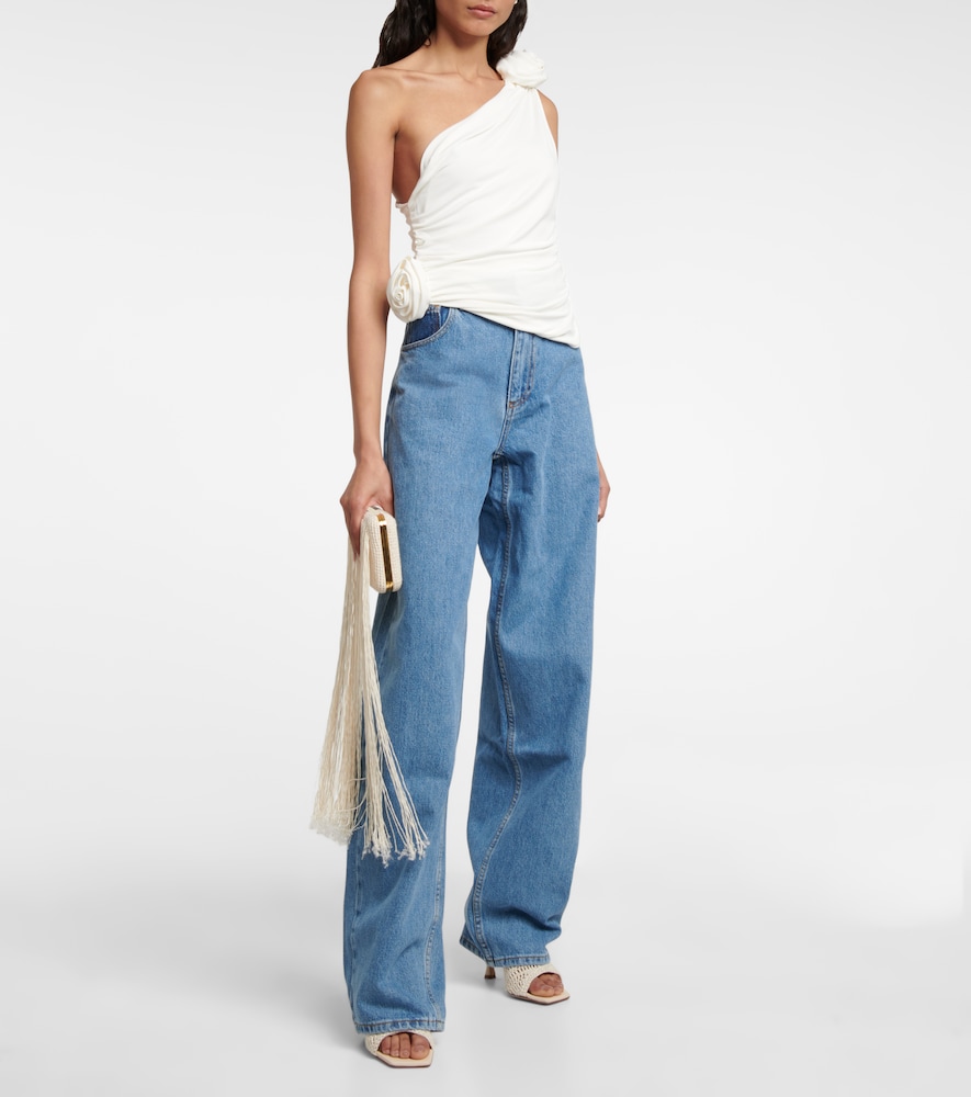 Floral appliquéd one-shoulder top