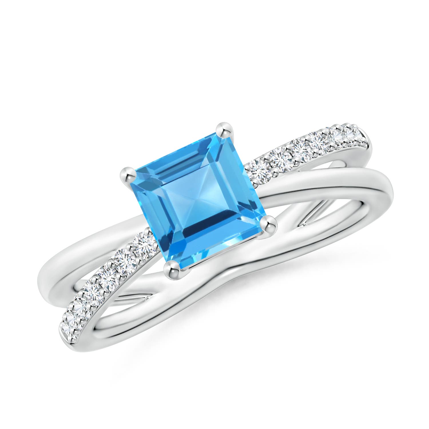Angara 1.35 Carats Square Swiss Blue Topaz Crossover Shank Ring with Diamonds in Platinum