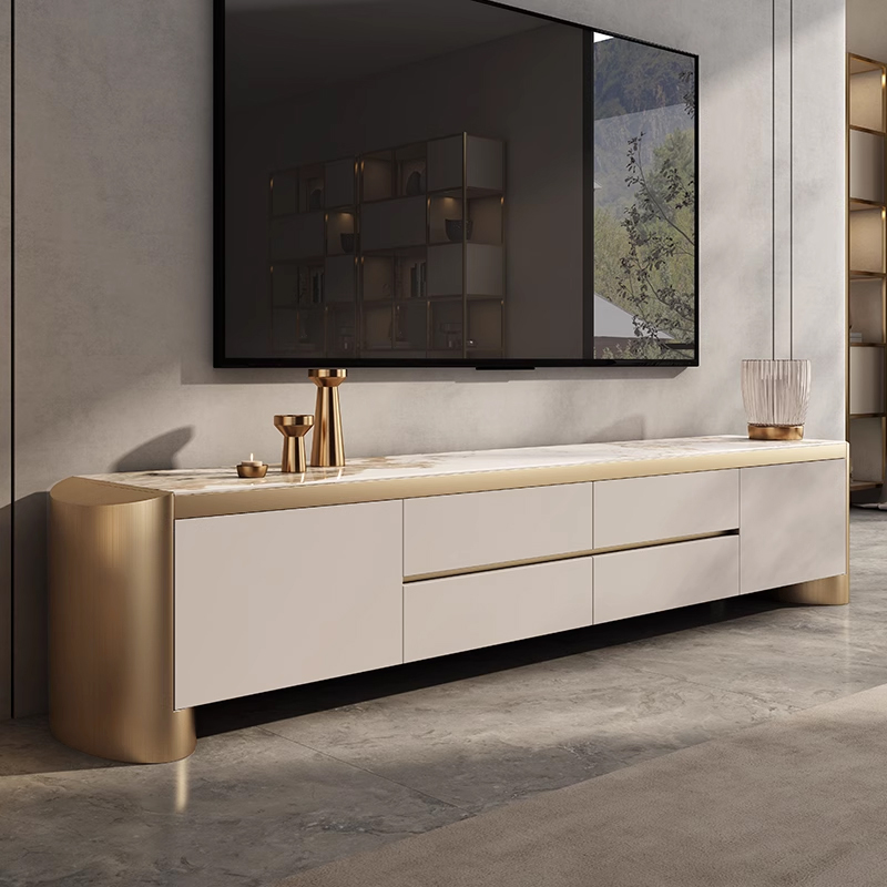 Modern 2000mm Off White TV Stand Sintered Stone Top with Storage for TVs up to 2159mm