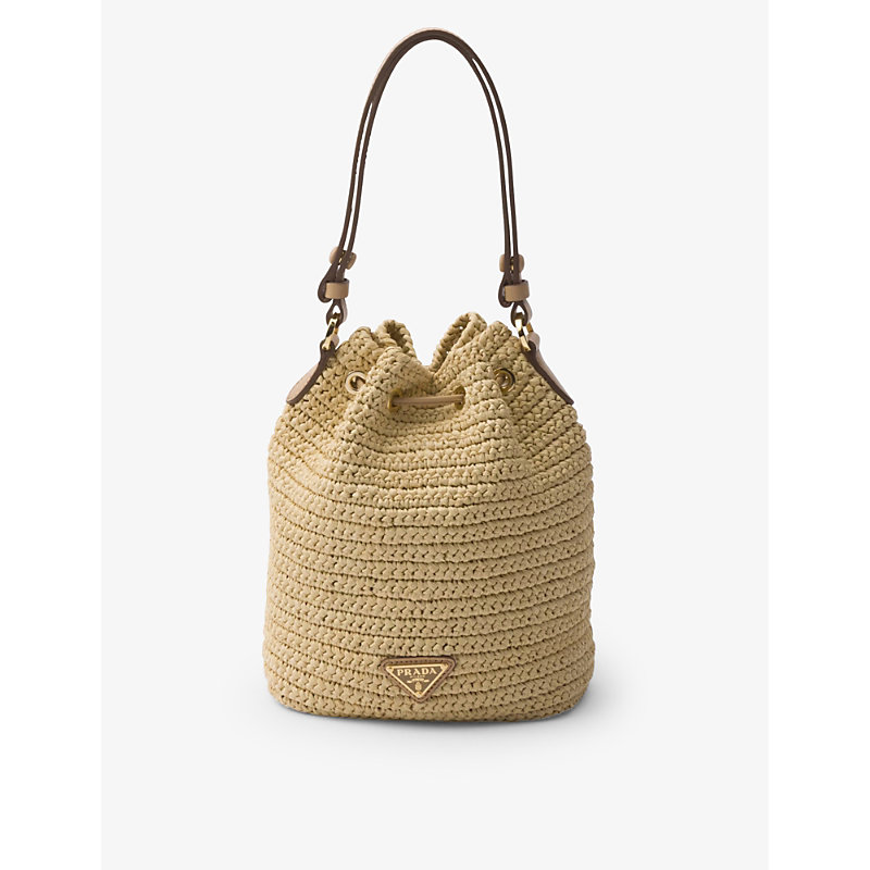 Womens Neutral Logo-embroidered Raffia Bucket bag 