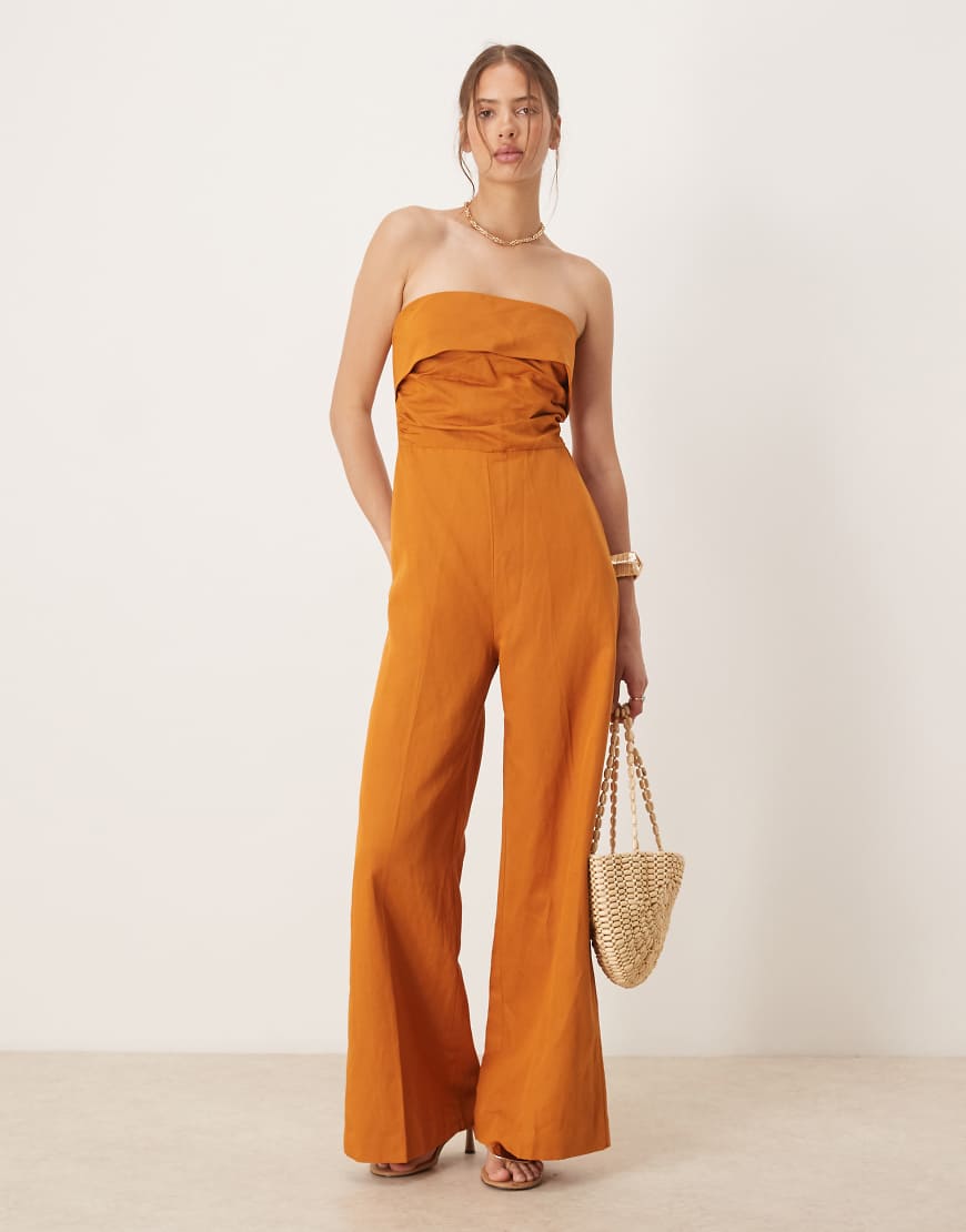 Linen mix bandeau jumpsuit in burnt orange