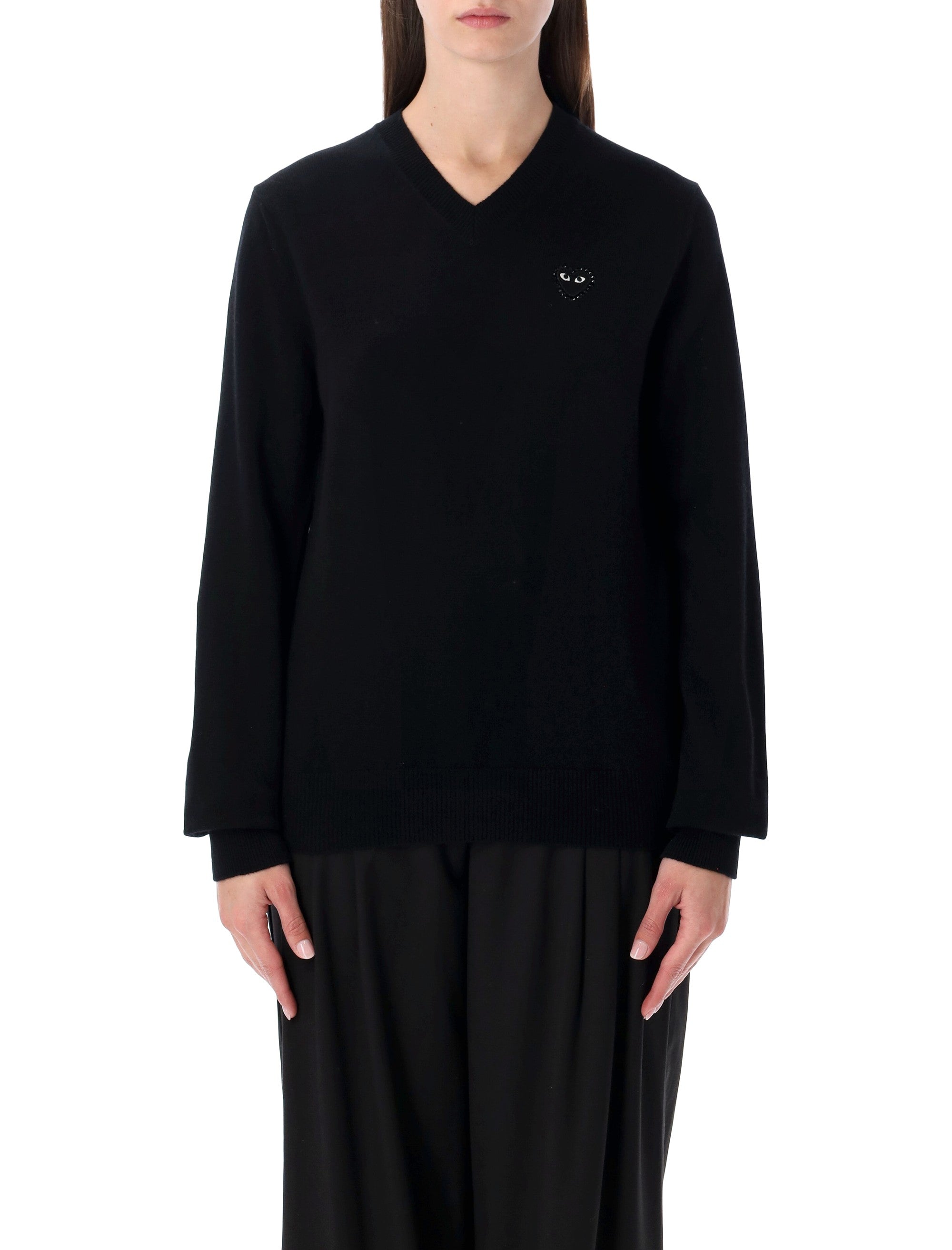 Wool V-neck Sweater with Black Heart and Crystals