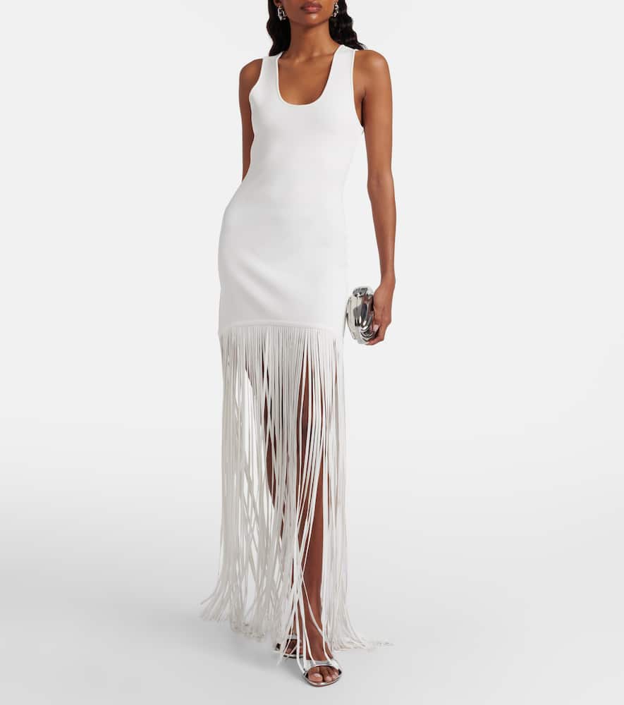 Fringed ribbed-knit maxi dress