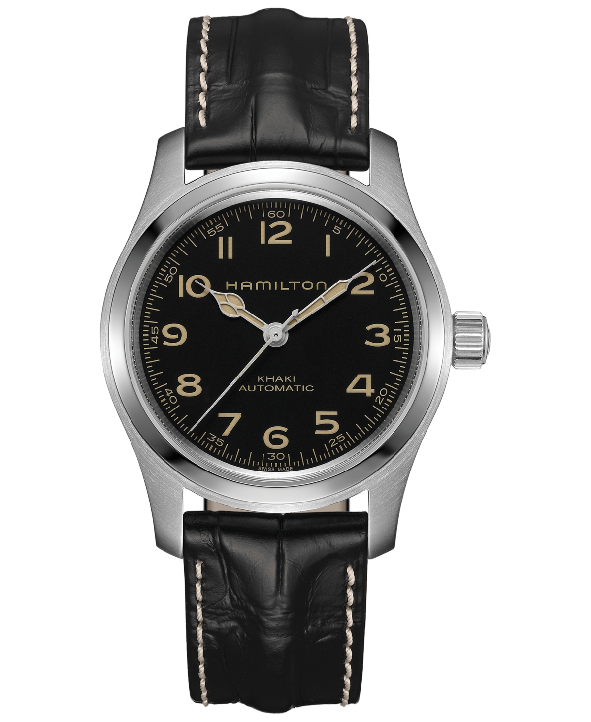 Men's Swiss Automatic Khaki Field Murph Black Leather Strap Watch 42mm - Black