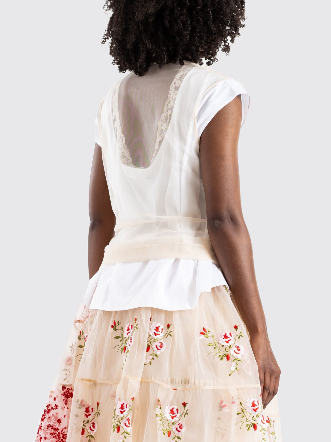 Cotton T-shirt with Embroidered Tulle Inserts and Crystals