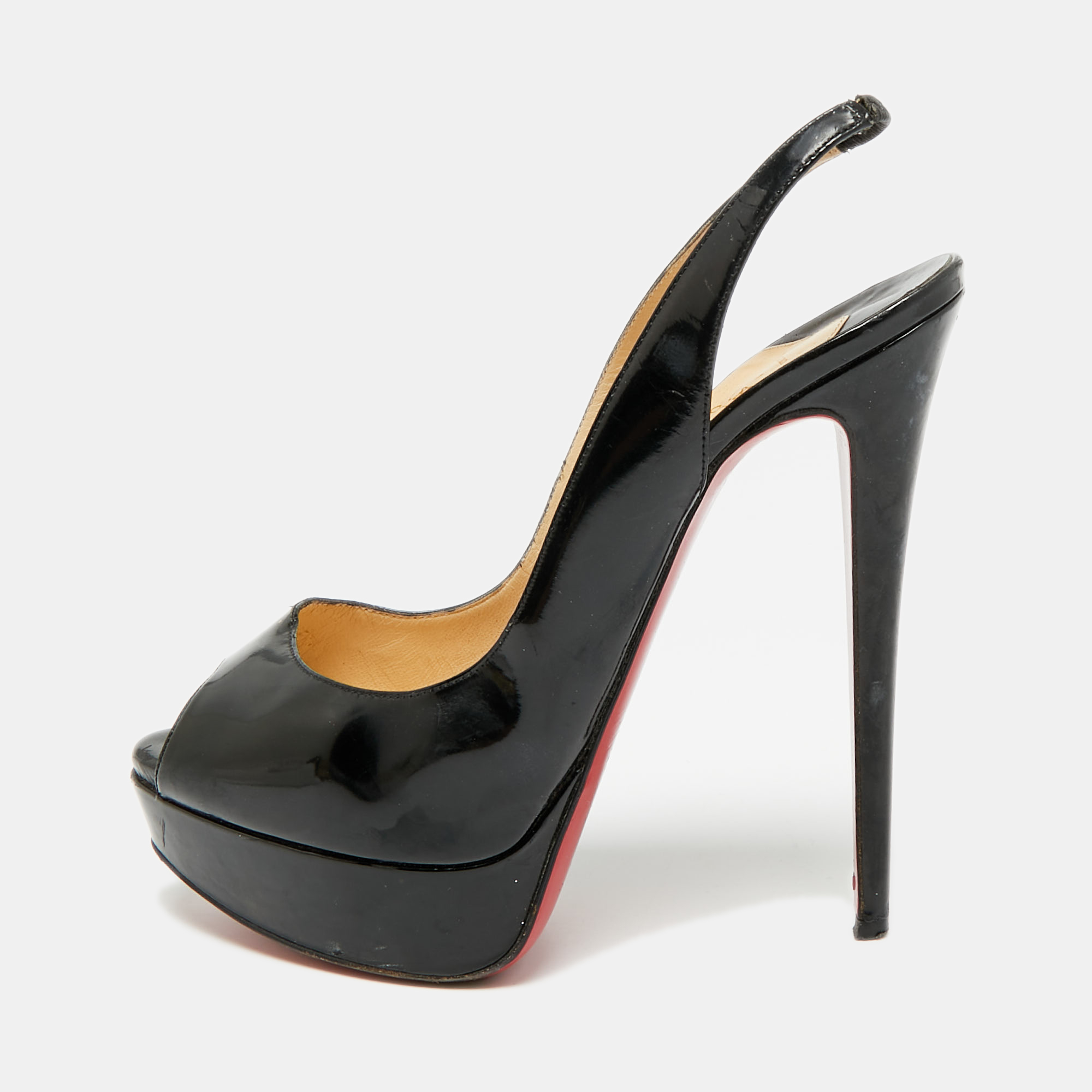 Christian Louboutin Lady Peep 39 Black Patent Leather Platform Sanda