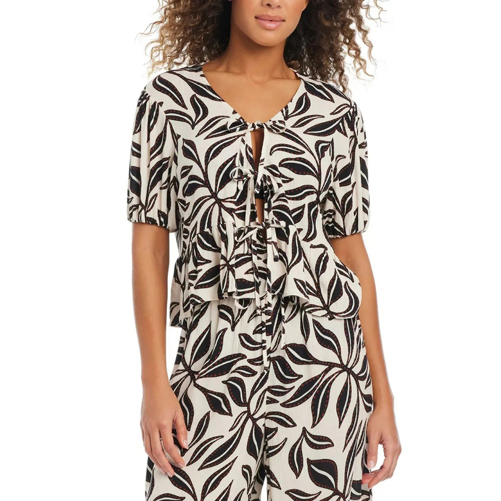 Ivory Multi Colored Resort Daze Tie-Front Top Swimsuit Cover-Up