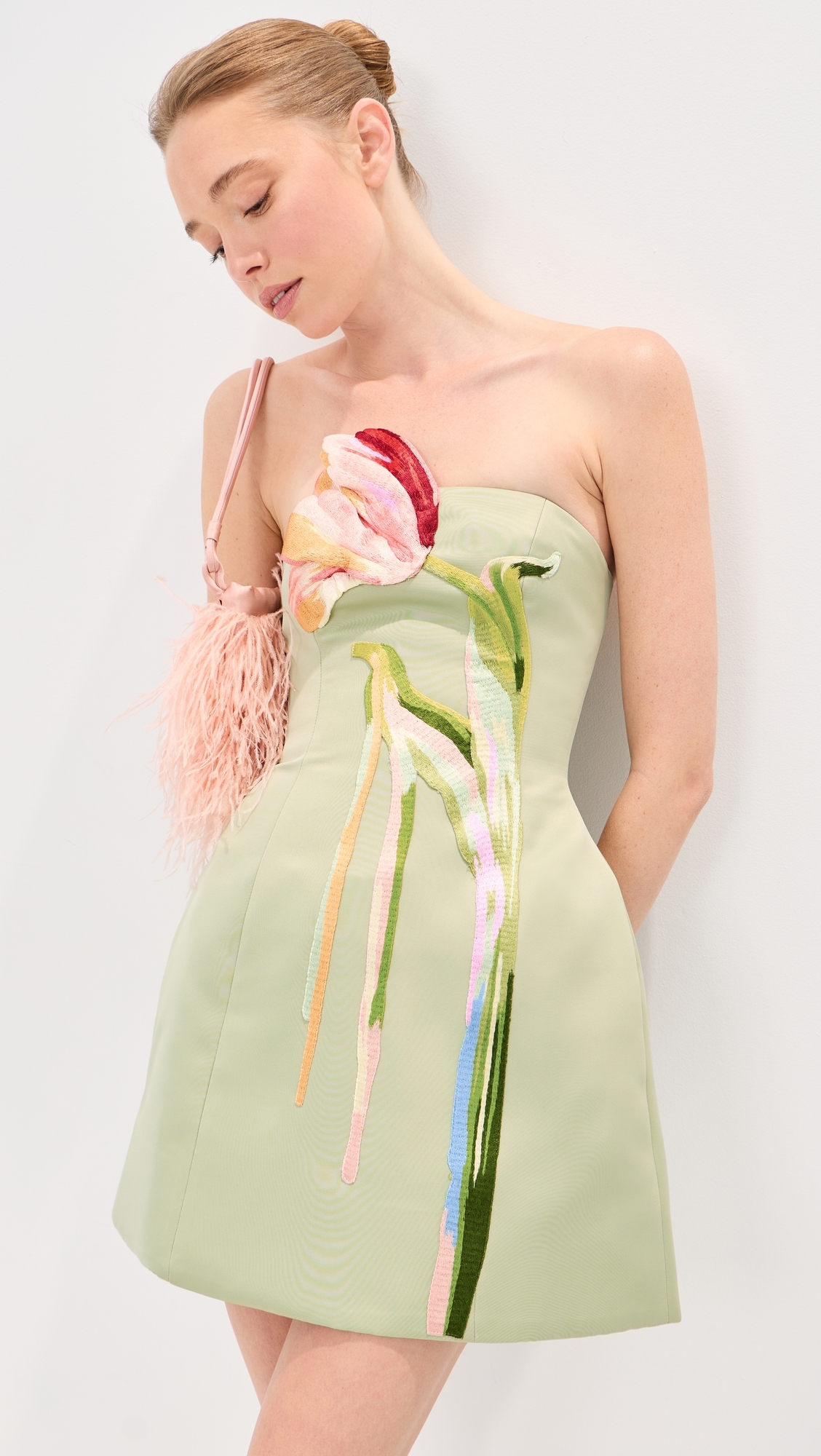 Roselle Bustier Mini Dress Tulip Print in Green