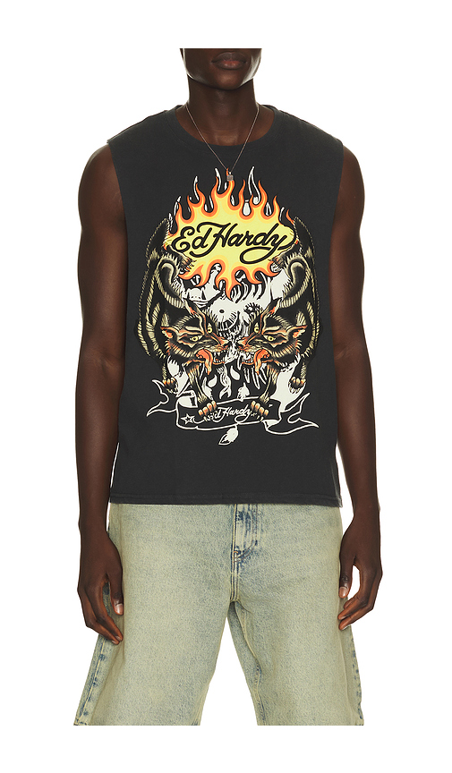 Ed Hardy Wolves Cut Off Tee in Charcoal. XL/1X. Also in S
