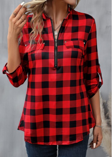 Modlily Red Zipper Plaid Long Sleeve High Neck Blouse