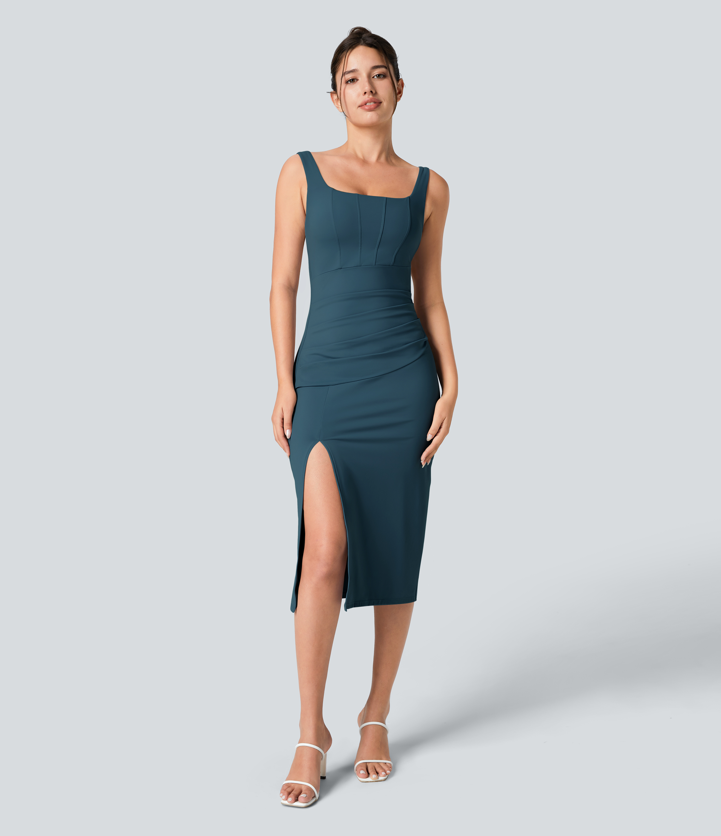 Softlyzero™ Airy Square Neck Backless Corset Ruched Split Bodycon Midi Cool Touch Bridesmaid and Wedding Guest Dress Casual Dress - Majolica Blue