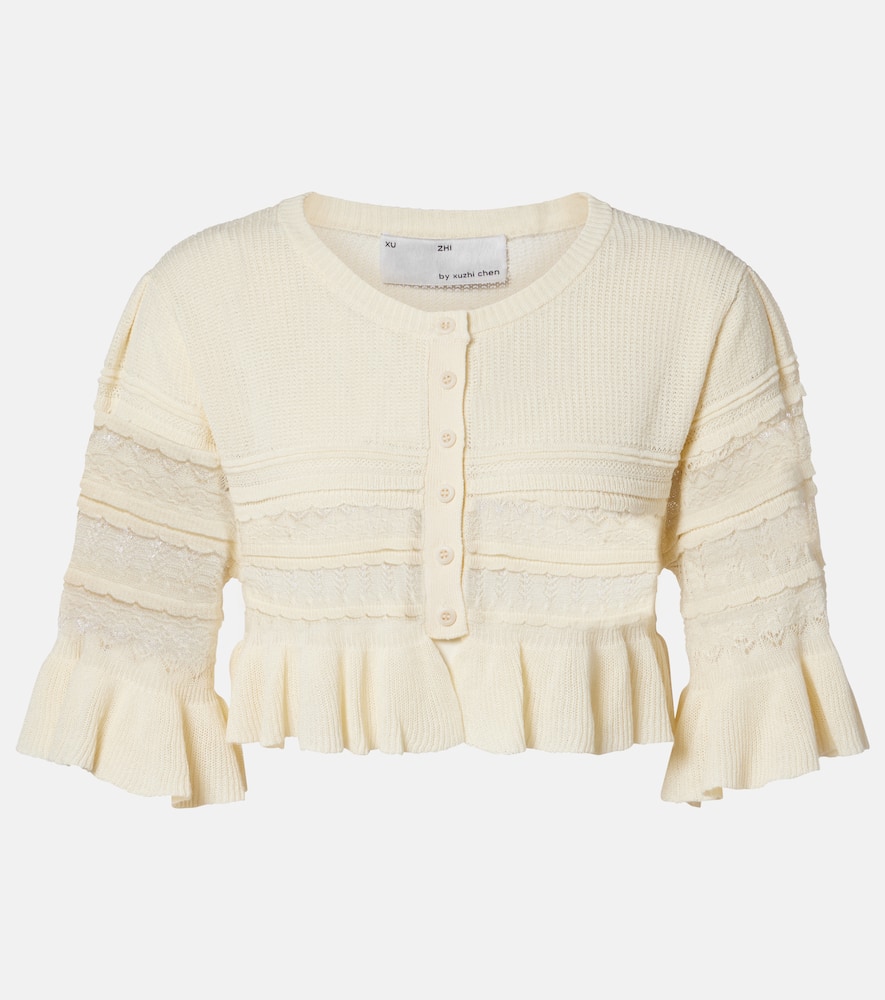 Cropped open-knit ruffled cardigan