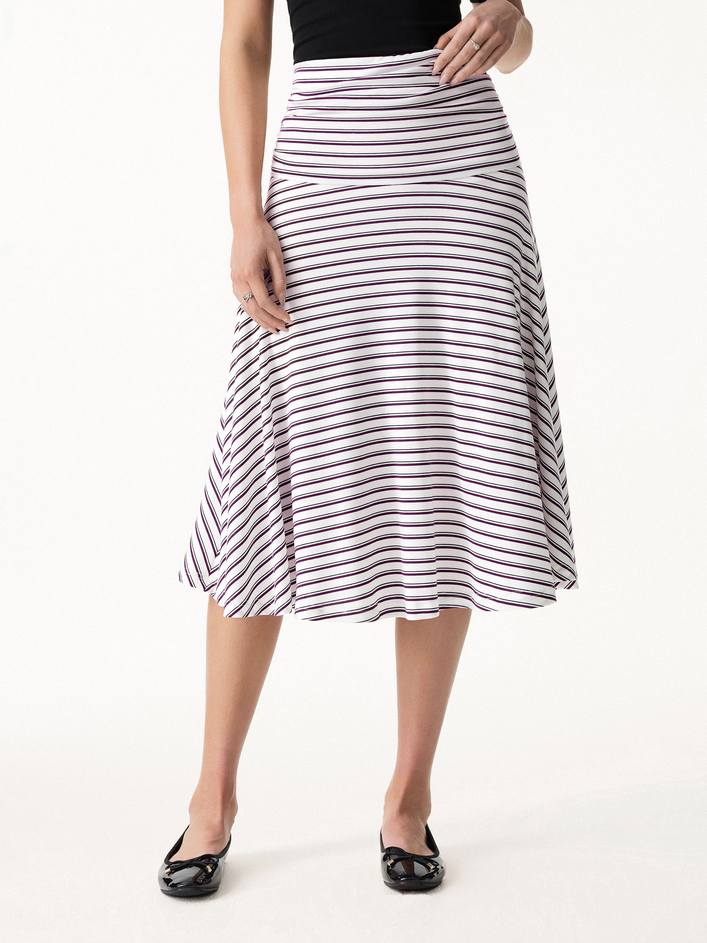 Flowy Striped Circle Flare Ruched Midi Skirt - White/Marron Stripe