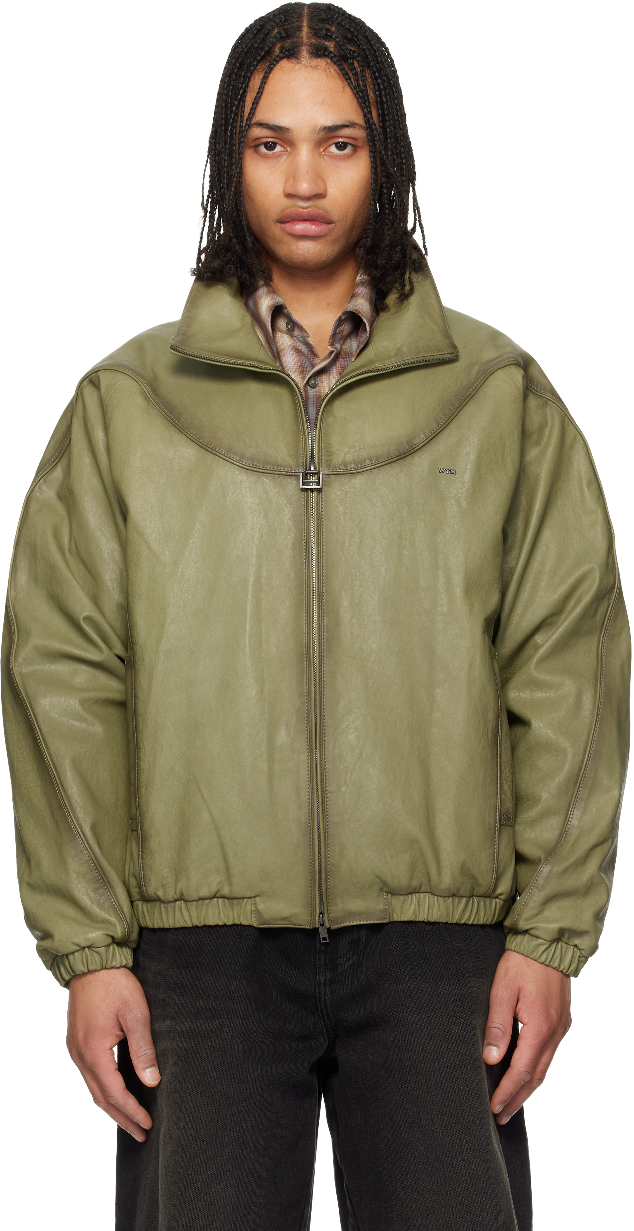 Khaki High Neck Leather Jacket
