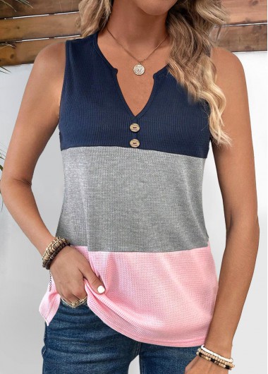 Modlily Pink Button Sleeveless Split Neck Tank Top