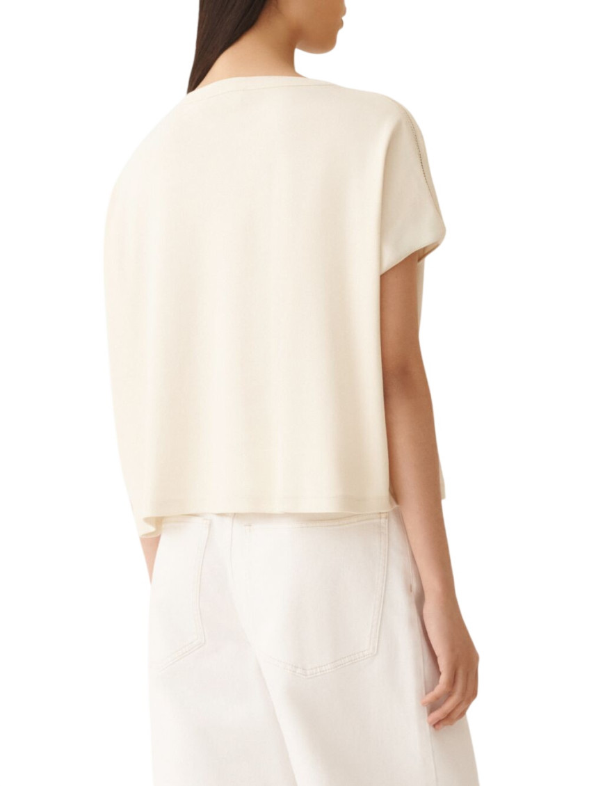 Ribbed Jersey T-Shirt With Knit Detail On Shoulder White Cotton Elastane - Women